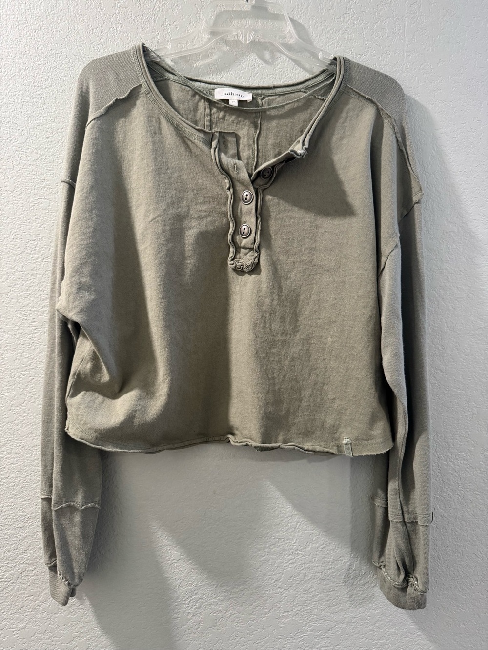 Böhme Olive Green Henley Raw Hem Long Sleeve Crop Top